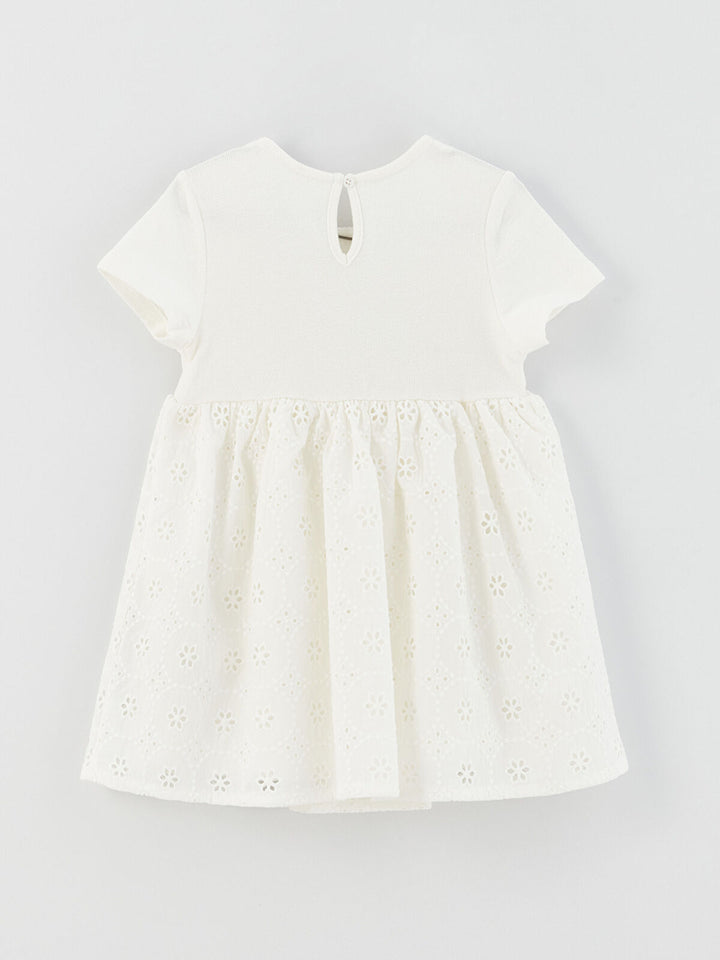 Ecru Square Collar Short Sleeve Embroidery Detailed Baby Girl Dress