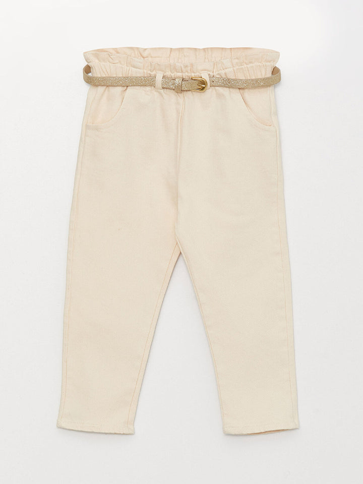 Beige Basic Baby Girl Trousers With Elastic Waist