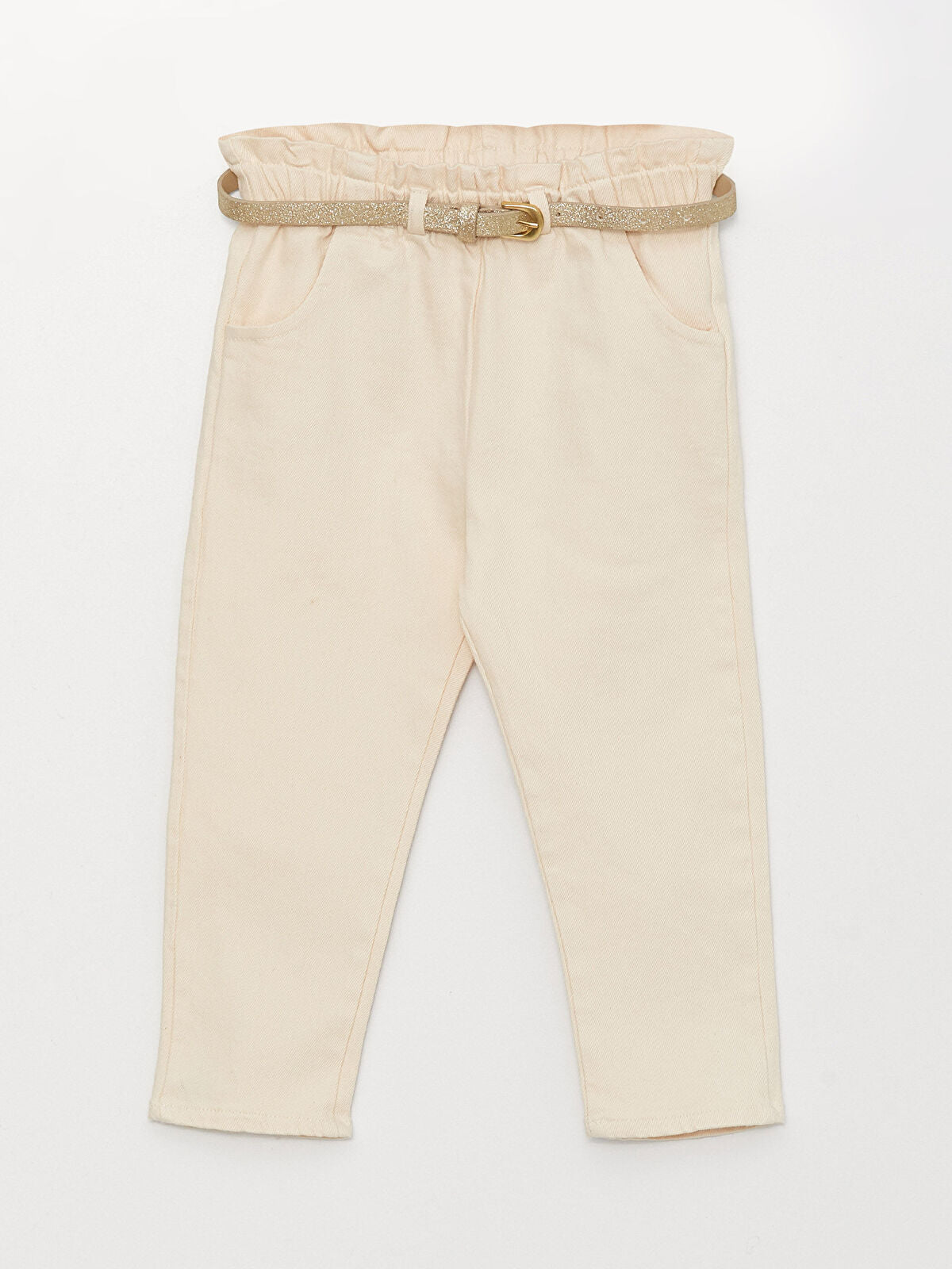 Beige Basic Baby Girl Trousers With Elastic Waist