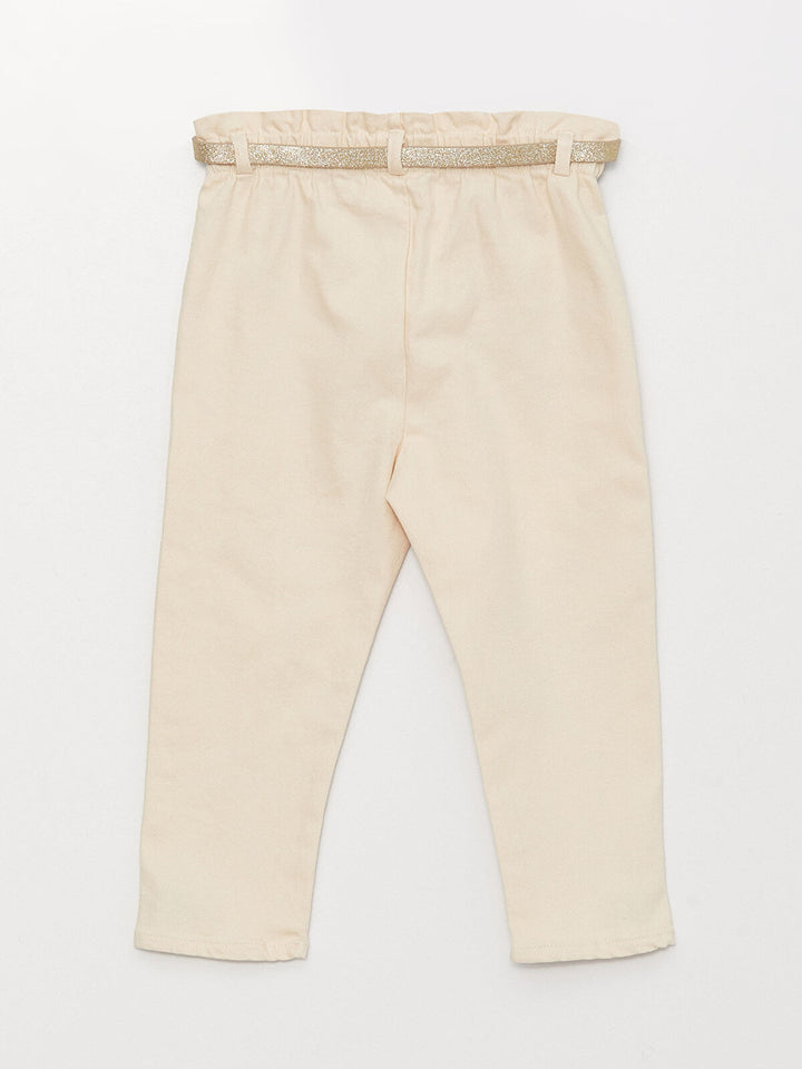 Beige Basic Baby Girl Trousers With Elastic Waist