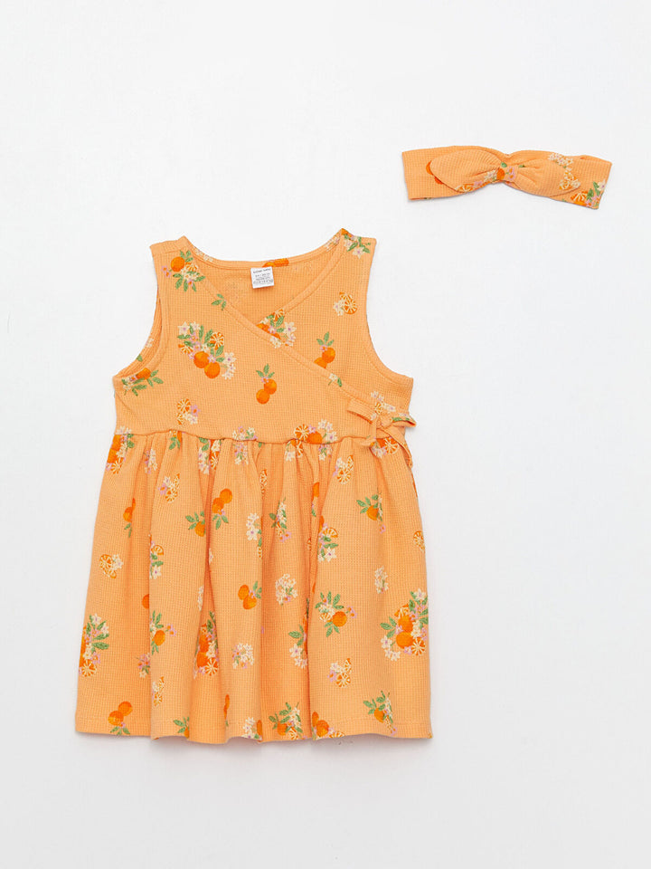 Orange V-Neck Printed Baby Girl Dress And Headband 2 Pack