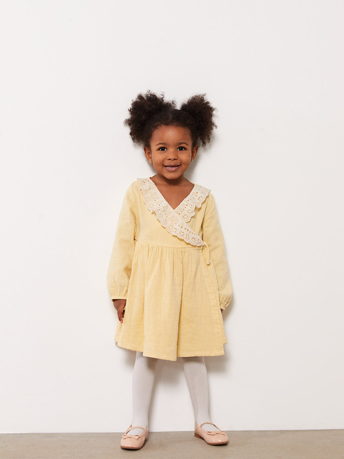 V Neck Long Sleeve Embroidery Detailed Baby Girl Dress