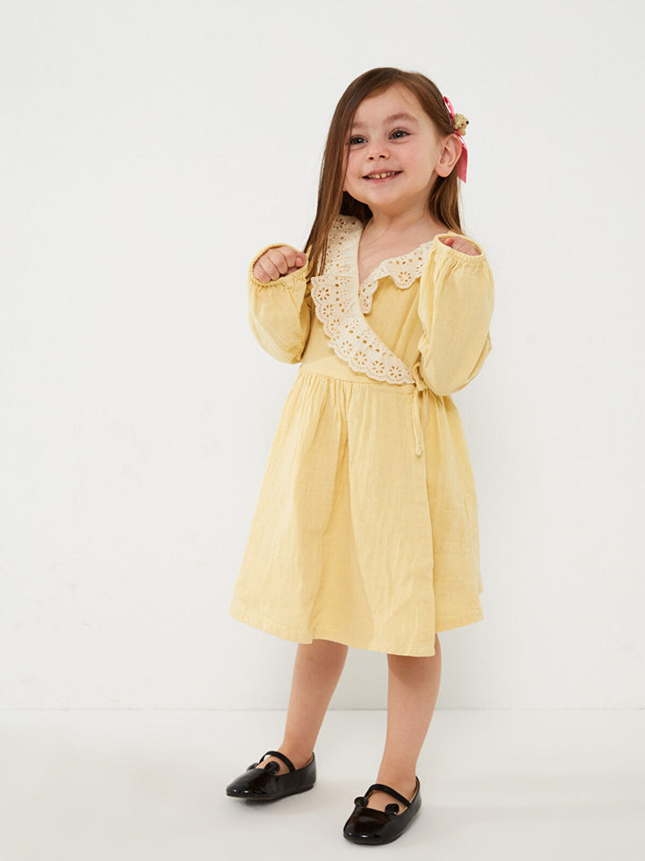 V Neck Long Sleeve Embroidery Detailed Baby Girl Dress