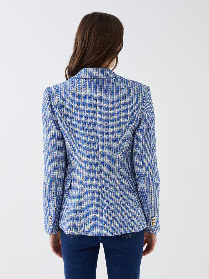 Blue Patterned Long Sleeve Tweed Women Blazer Jacket