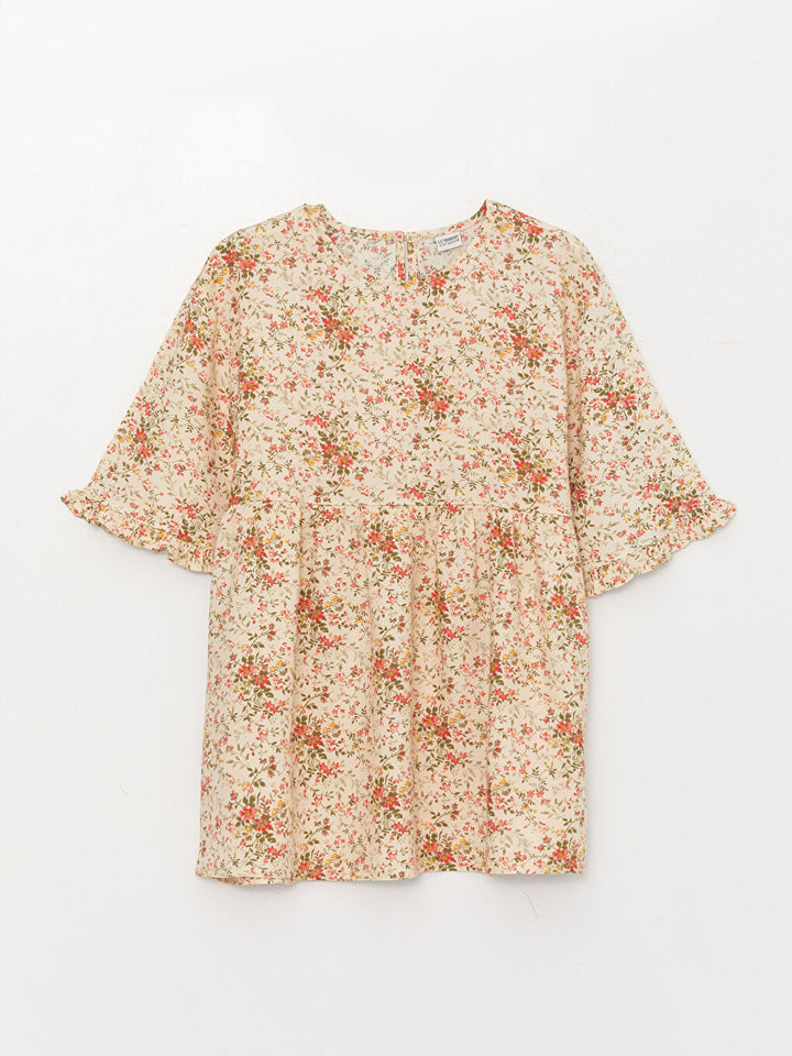 Crew Neck Patterned Short Sleeve Girls Blouse