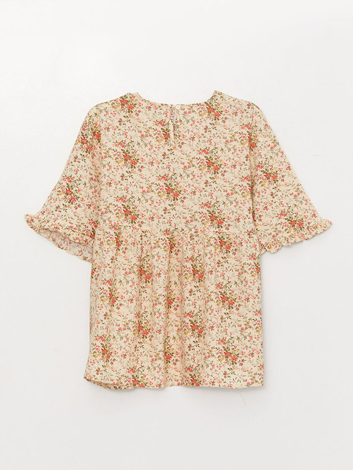 Crew Neck Patterned Short Sleeve Girls Blouse