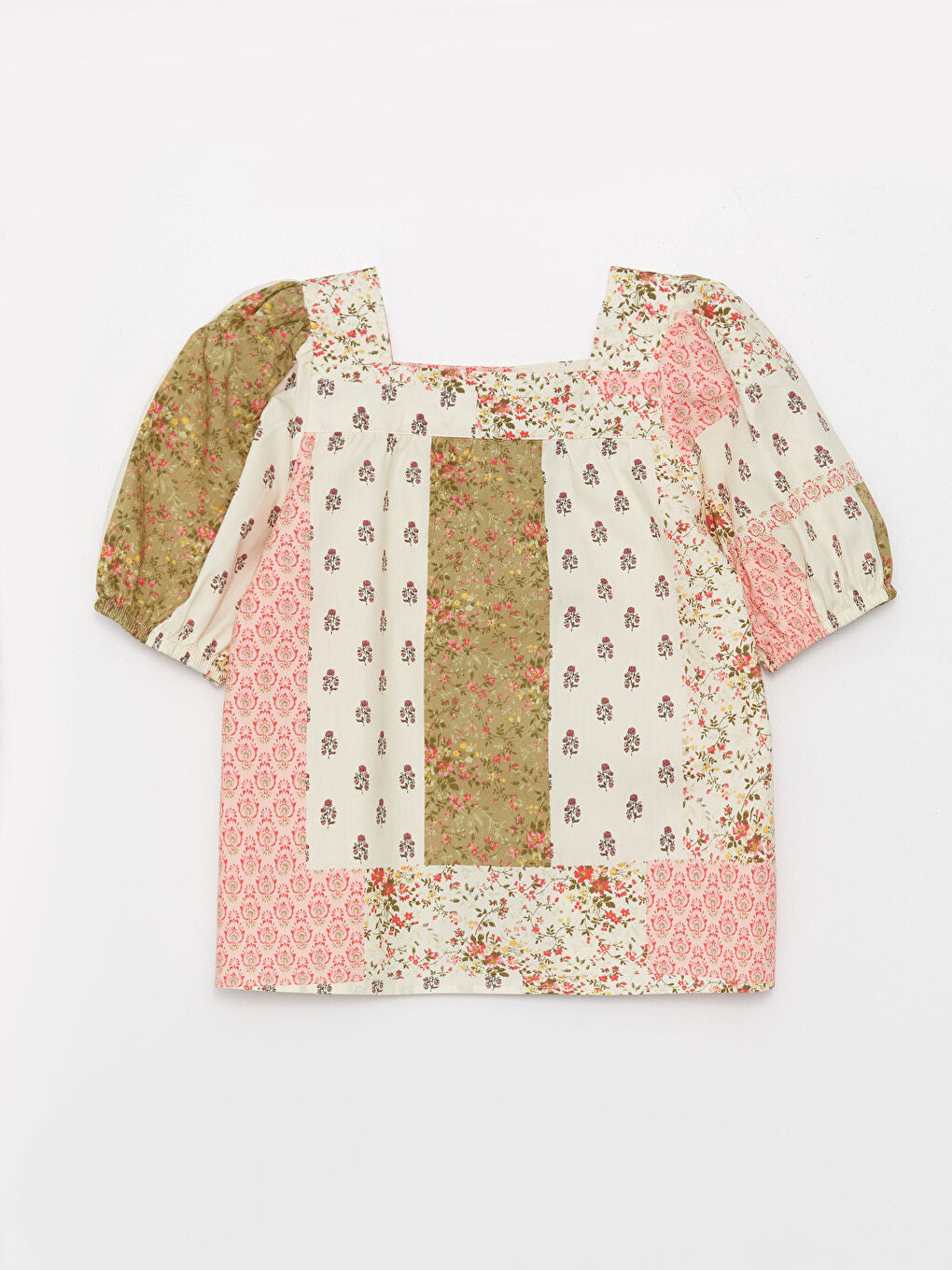 Square Collar Patterned Short Sleeve Girls Blouse