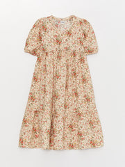 Crew Neck Patterned Short Sleeve Girls Dress