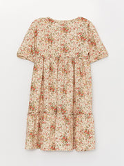 Crew Neck Patterned Short Sleeve Girls Dress