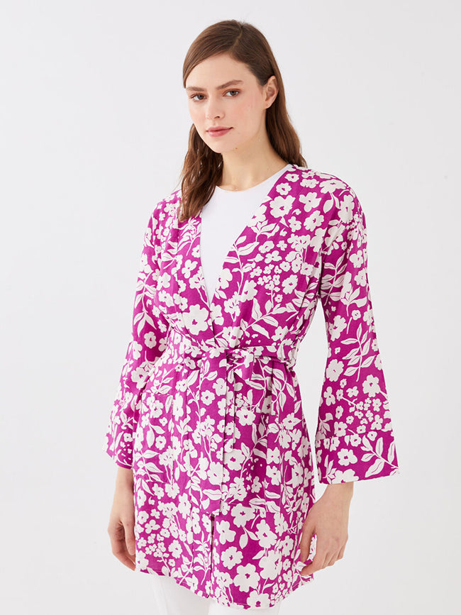 Purple Shawl Collar Floral Long Sleeve Oversize Women Kimono Main Image