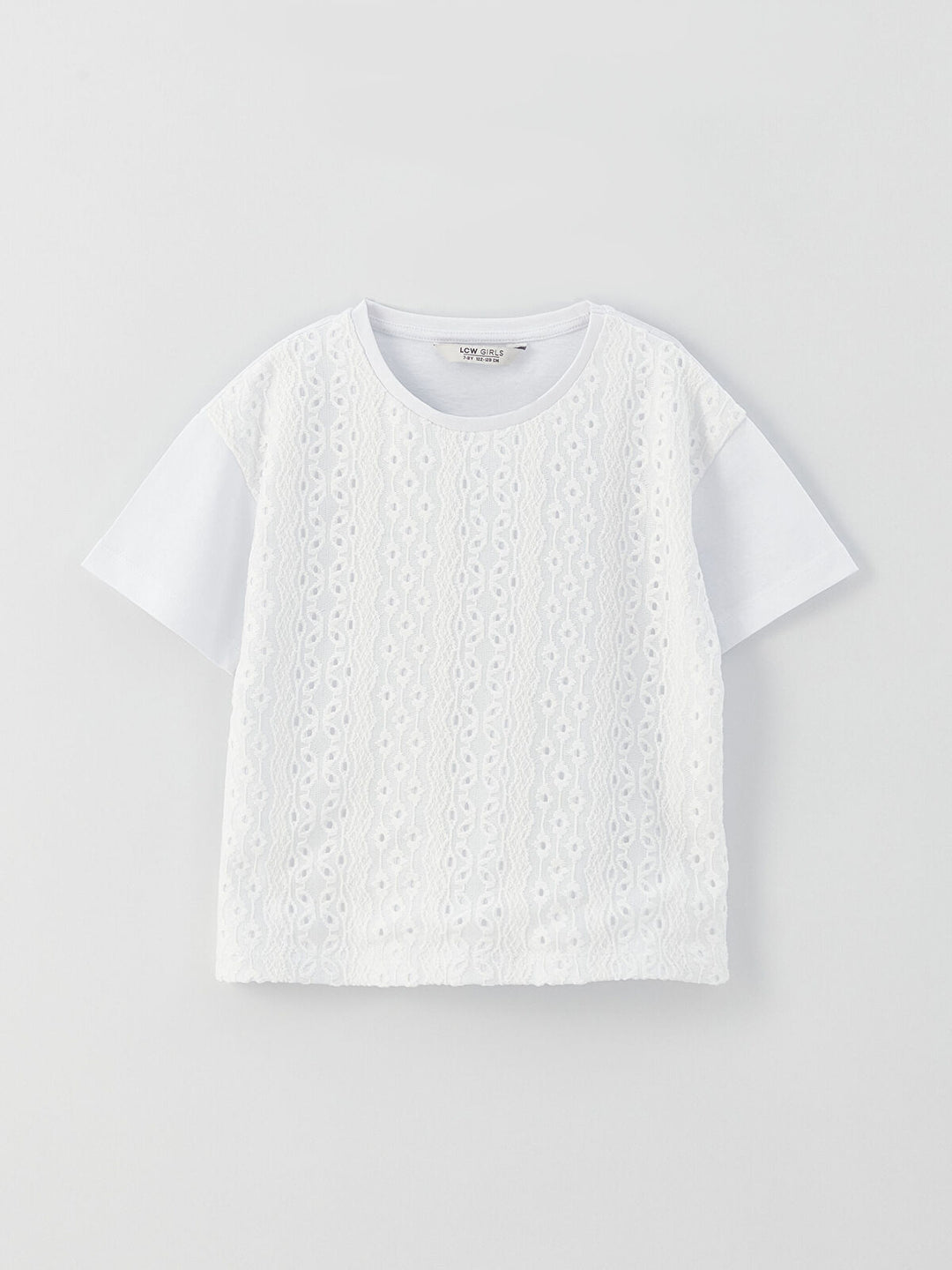 White Crew Neck Lace Detailed Short Sleeve Girls T-Shirt