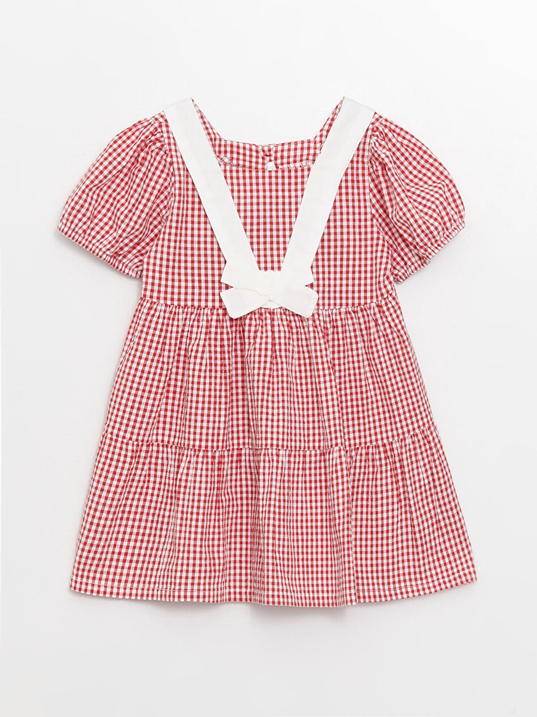 Square Collar Short Sleeve Plaid Baby Girl Dress