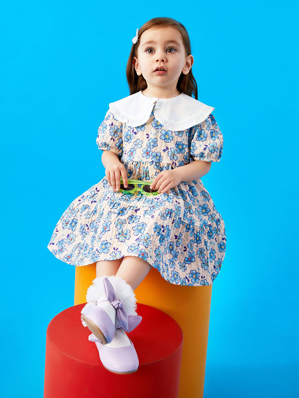 Baby Collar Short Sleeve Patterned Baby Girl Dress