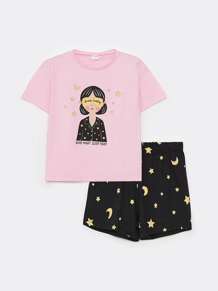 Crew Neck Printed Short Sleeve Girls Shorts Pajamas Set