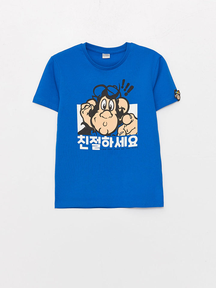 Crew Neck Nostalgic Monkey Printed Short Sleeve Boy T-Shirt