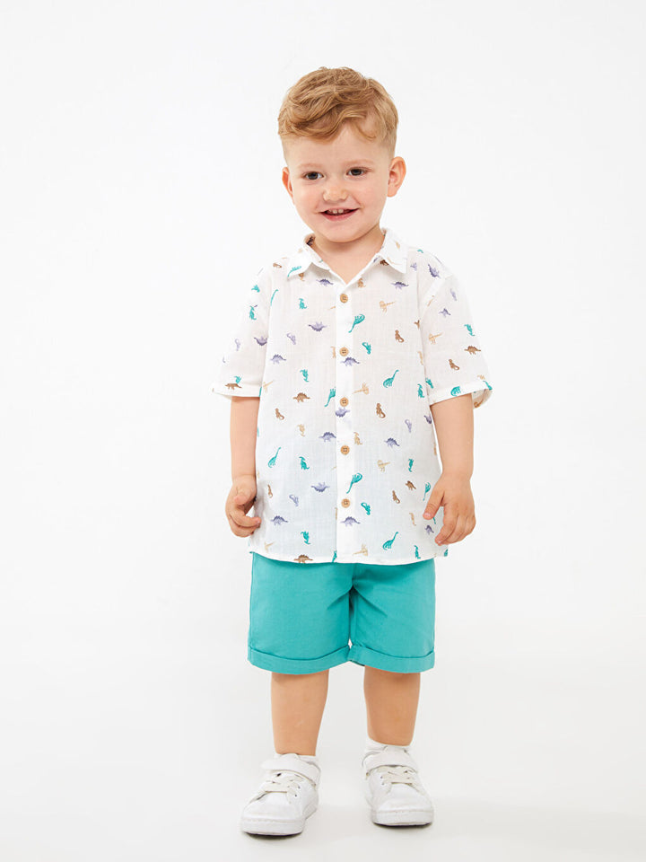Patterned Short Sleeve Baby Boy Shirt and Shorts 2-Pack Set