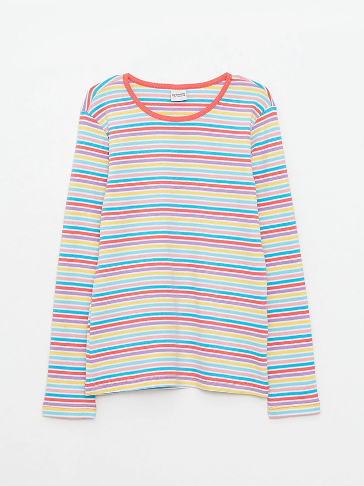 Crew Neck Striped Long Sleeve Cotton Girls T-Shirt