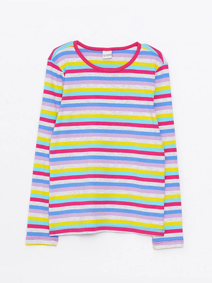 Crew Neck Striped Long Sleeve Cotton Girls T-Shirt