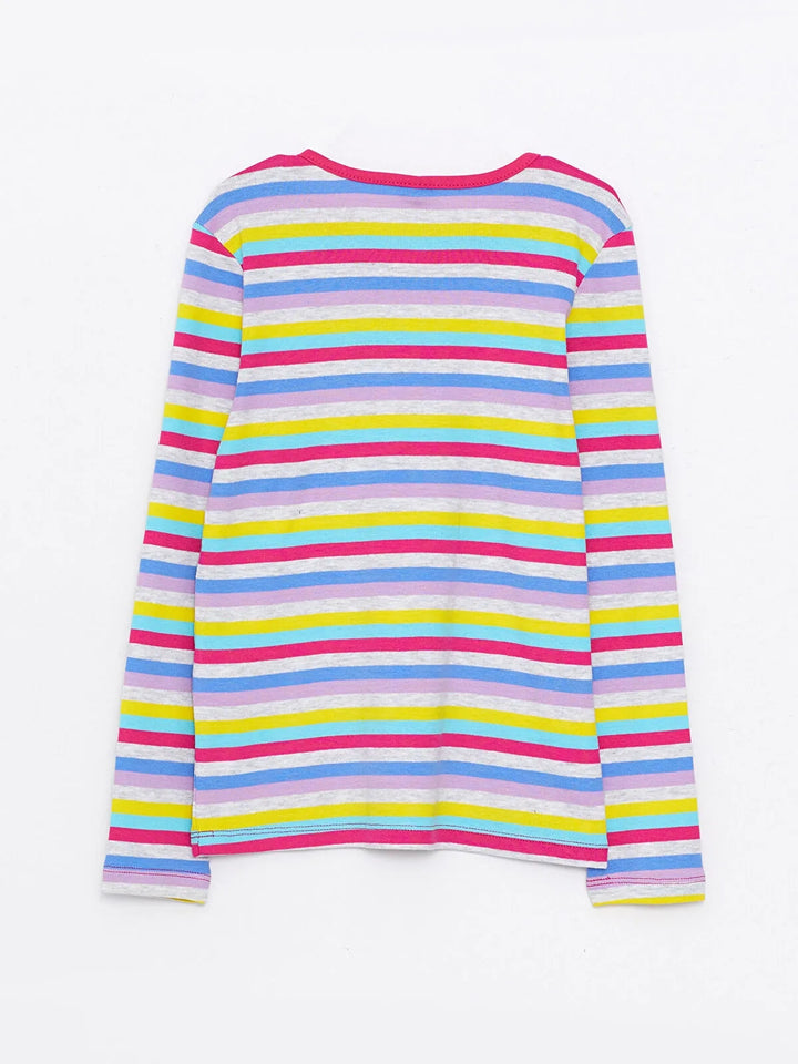 Crew Neck Striped Long Sleeve Cotton Girls T-Shirt