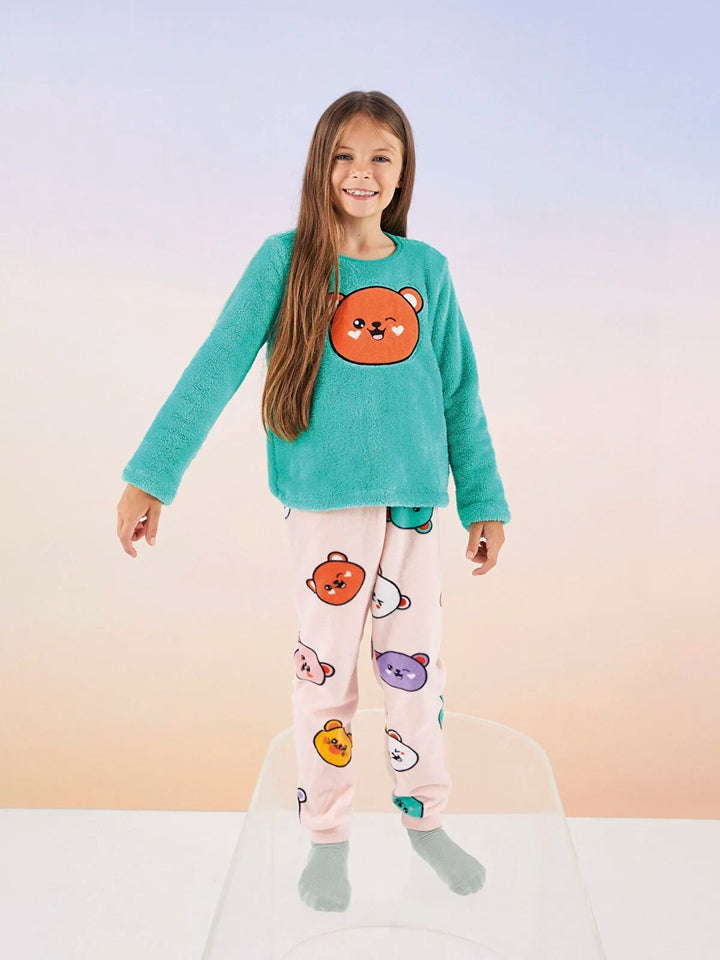 Crew Neck Embroidered Long Sleeve Fleece Girl Pajama Set