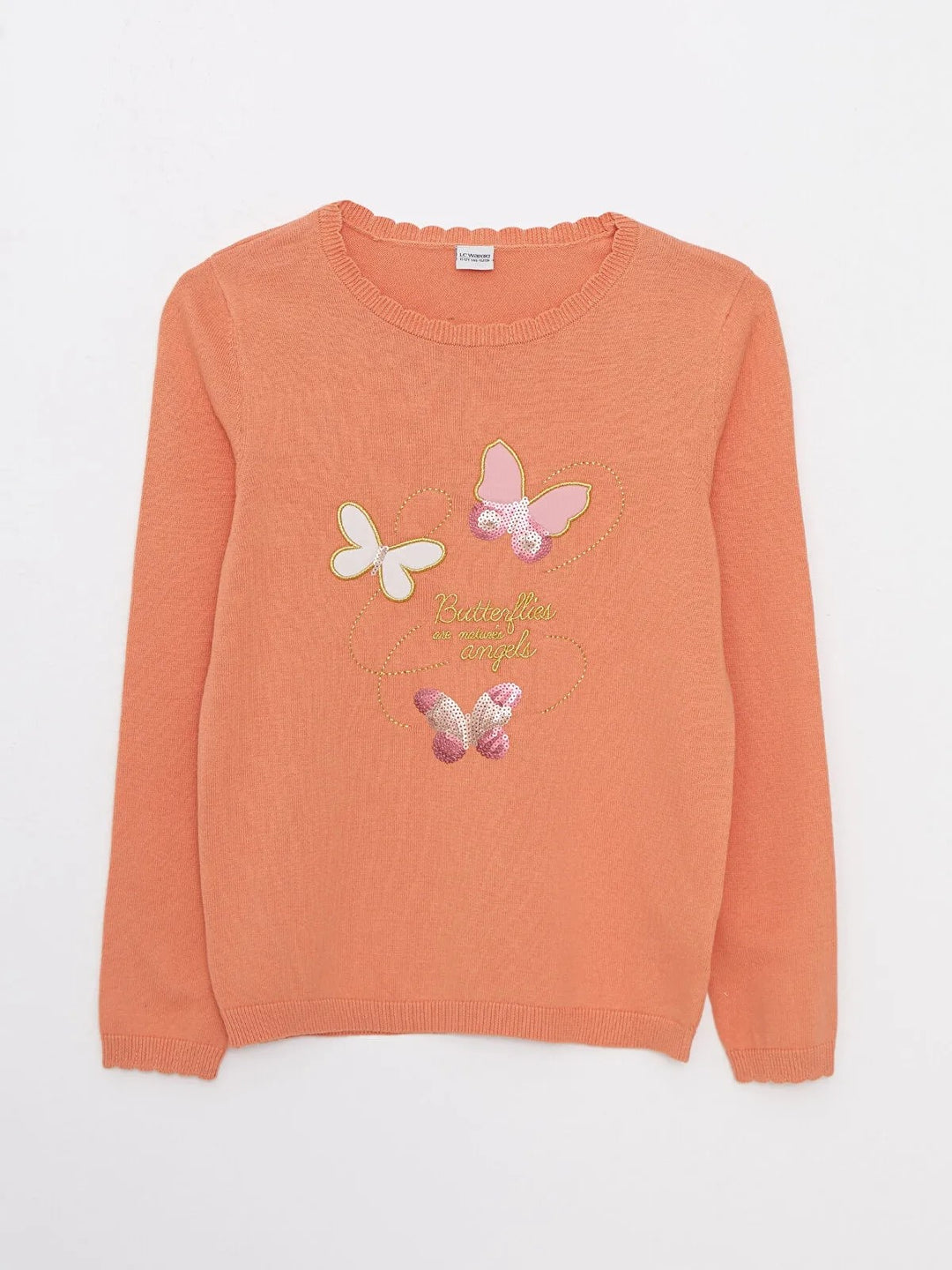 Crew Neck Embroidery Detailed Long Sleeve Girls Knitwear Sweater