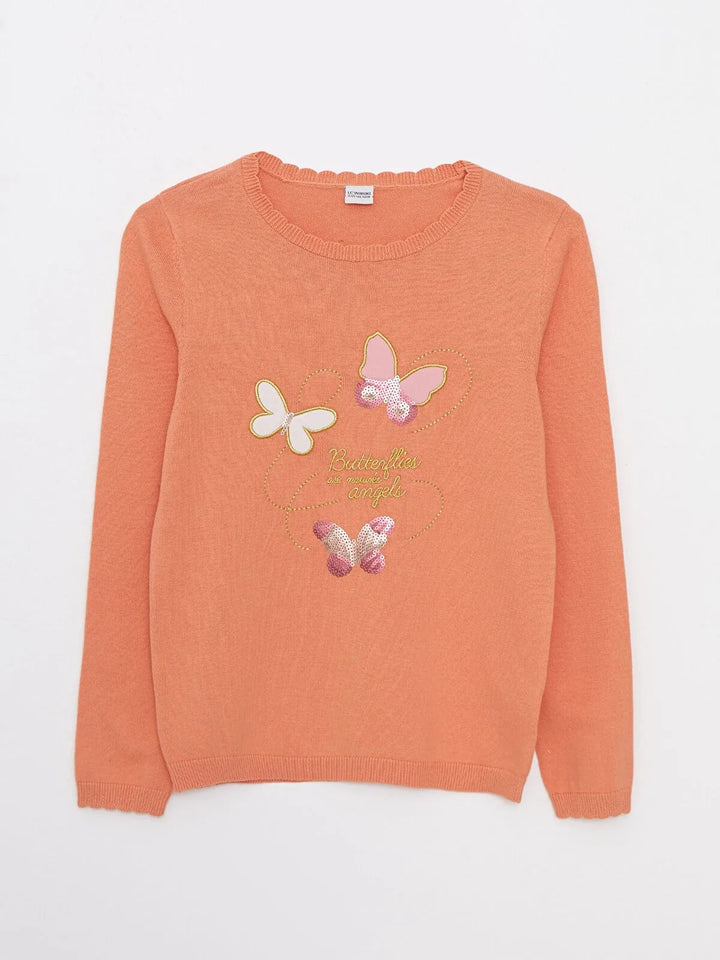 Crew Neck Embroidery Detailed Long Sleeve Girls Knitwear Sweater