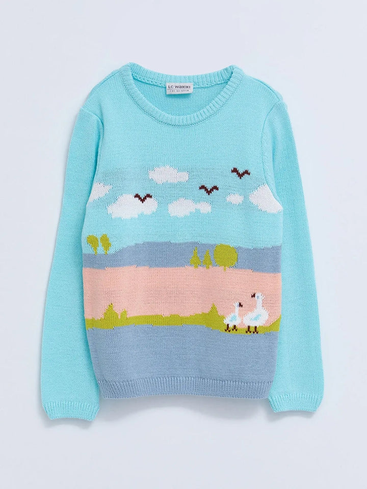 Crew Neck Patterned Long Sleeve Girls Knitwear Sweater