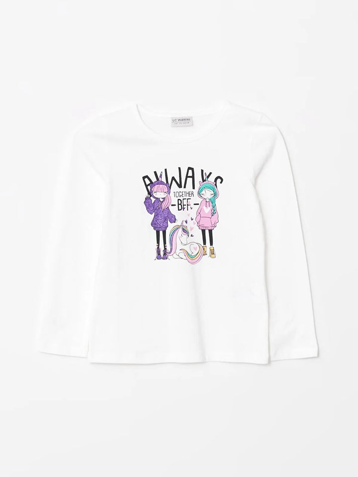 Crew Neck Printed Long Sleeve Girls T-Shirt