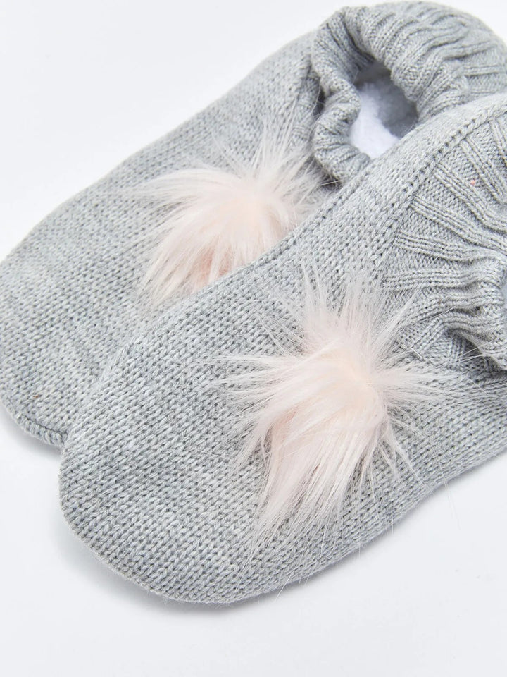 Plain Pompom Detailed Women Knitwear Home Socks