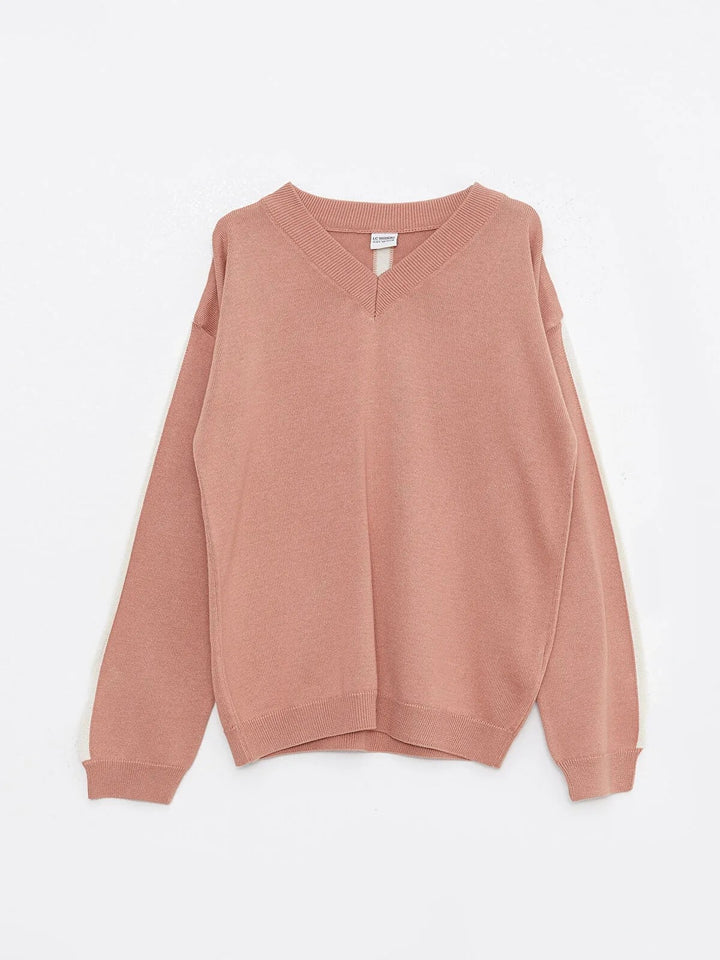 V-Neck Basic Long Sleeve Girls Knitwear Sweater