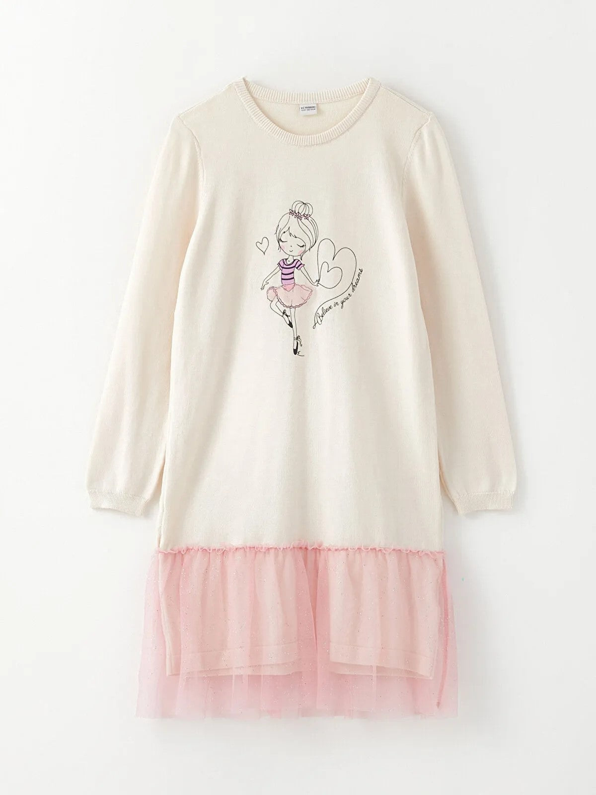 Crew Neck Printed Long Sleeve Girl Knit Dress