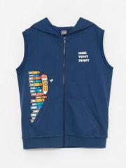 Hooded Printed Boy Zipper Vest