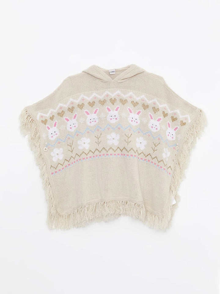 Hooded Patterned Girls Knitwear Poncho