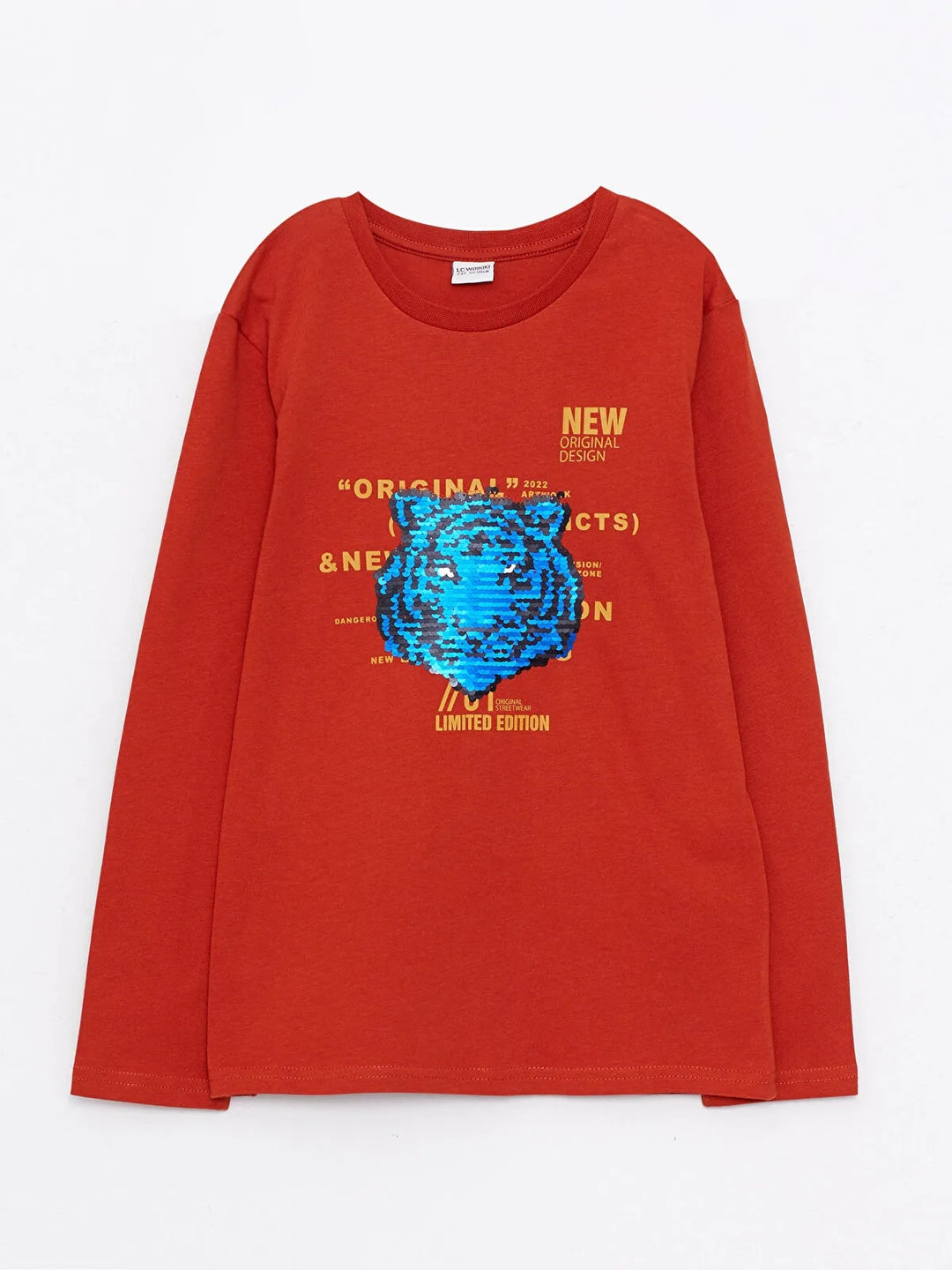 Crew Neck Printed Sequin Embroidered Long Sleeve Cotton Boy T-Shirt