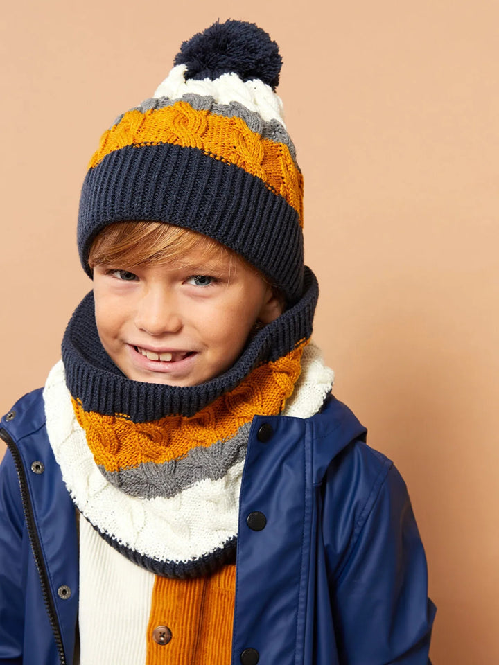Color Block Pompom Boy Beanie And Neck Collar