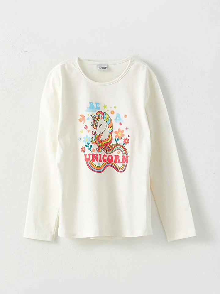 Crew Neck Printed Long Sleeve Cotton Girls T-Shirt