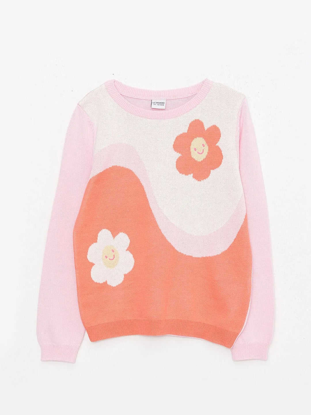 Crew Neck Patterned Long Sleeve Girl Knit Sweater