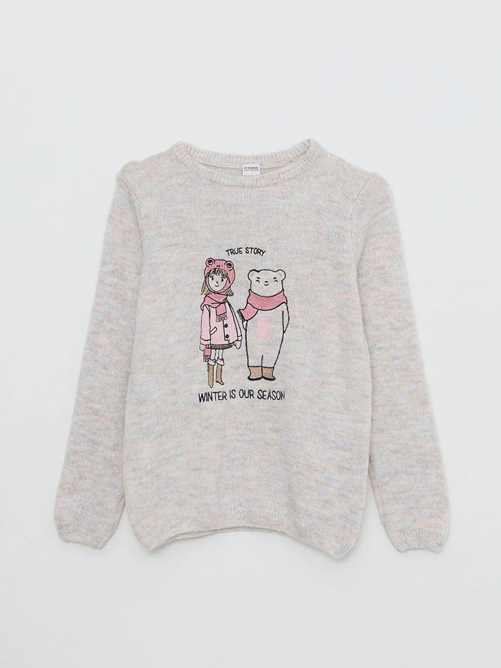 Crew Neck Embroidered Long Sleeve Girls Knitwear Sweater