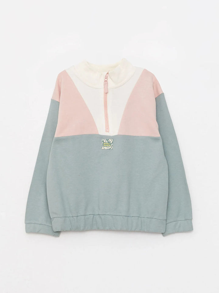 High Collar Color Block Long Sleeve Girls Sweatshirt