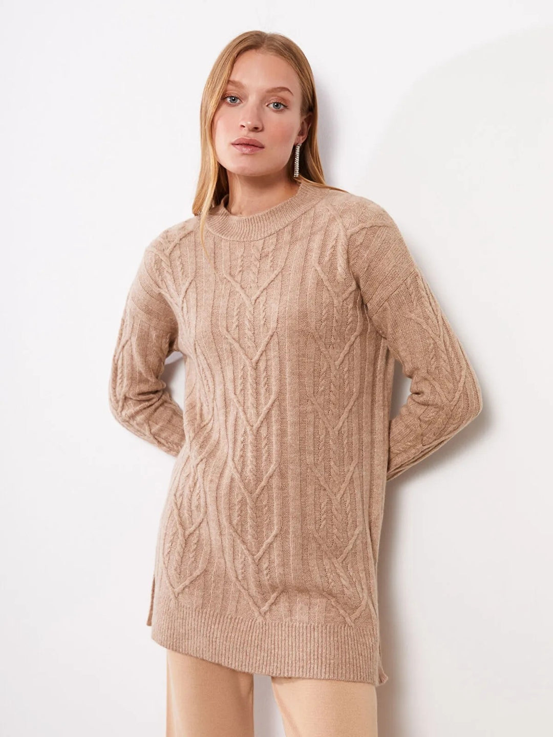 Crew Neck Self Patterned Long Sleeve Women Knitwear Sweater
