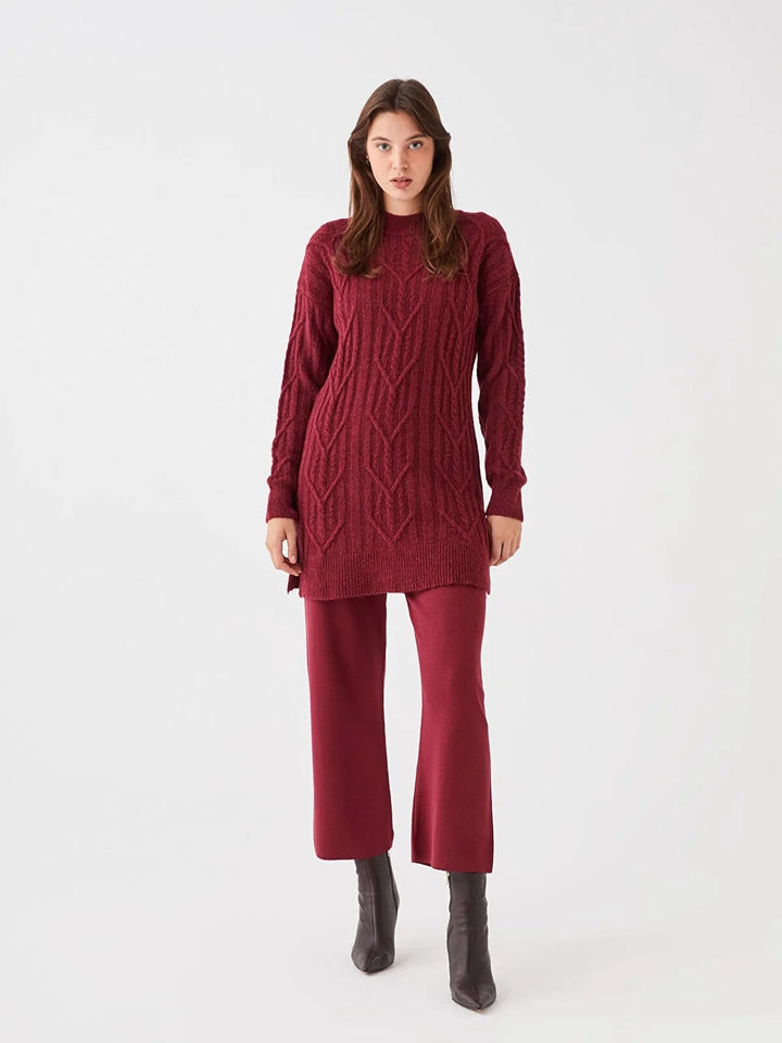 Crew Neck Self Patterned Long Sleeve Women Knitwear Sweater