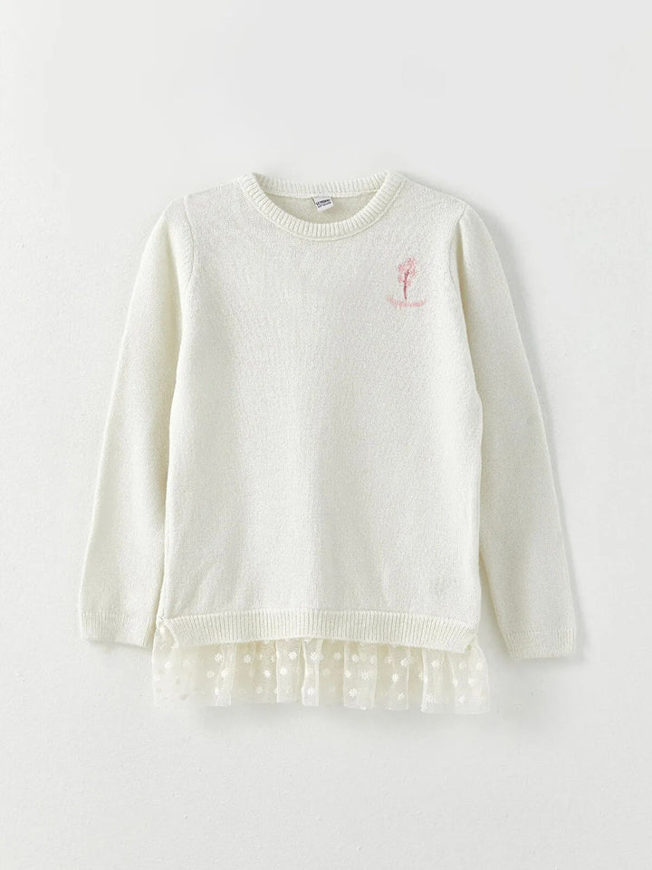 Crew Neck Embroidered Long Sleeve Girls Knitwear Sweater