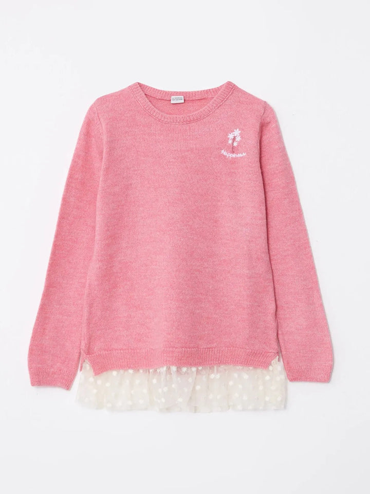 Crew Neck Embroidered Long Sleeve Girls Knitwear Sweater