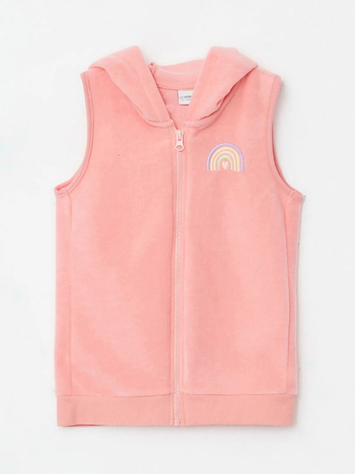 Hooded Embroidered Fleece Girls Zipper Vest