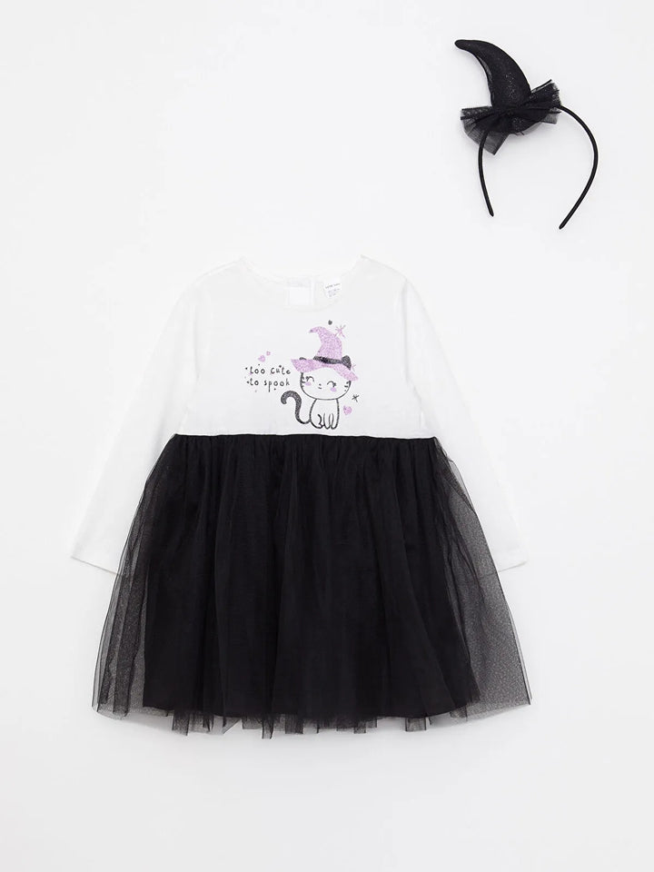 Crew Neck Long Sleeve Printed Baby Girls Dress And Crown 2 Piece Set