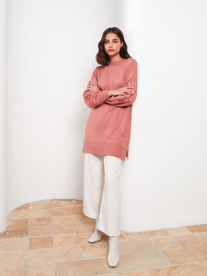 Crew Neck Embroidered Long Sleeve Women Tunic