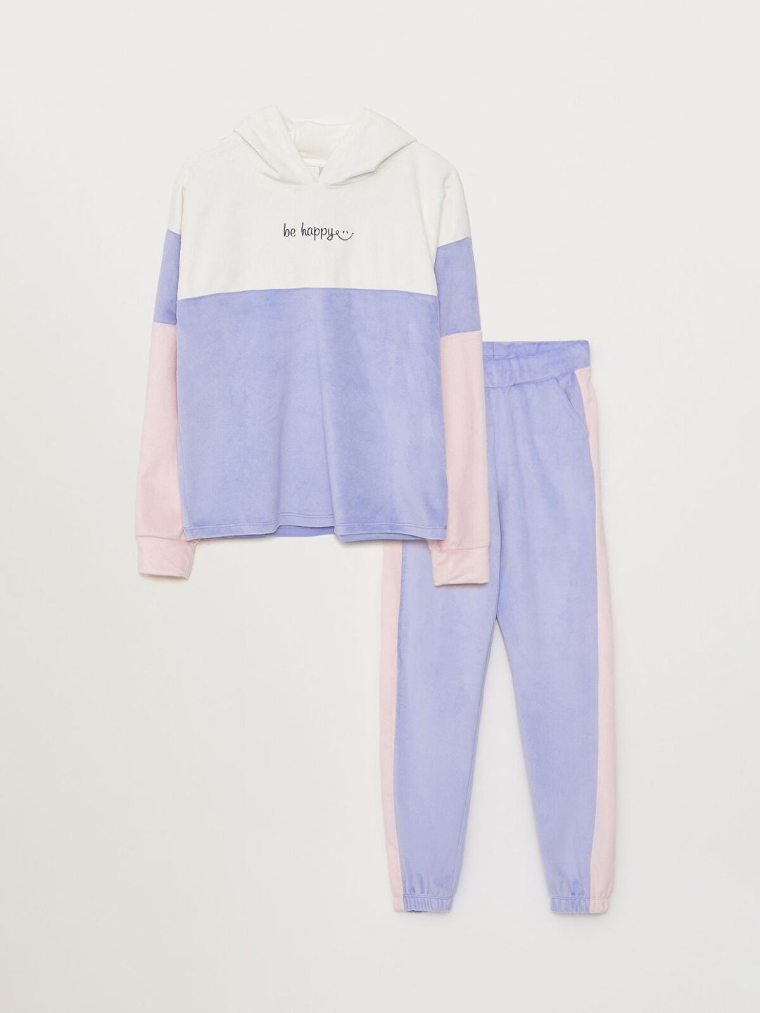 Hooded Color Block Long Sleeve Velvet Girls Sweatshirt And Sweatpants