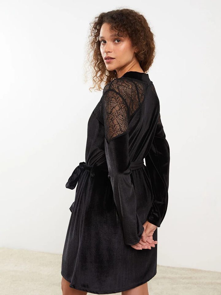 Shawl Collar Lace Detailed Long Sleeve Velvet Women Dressing Gown