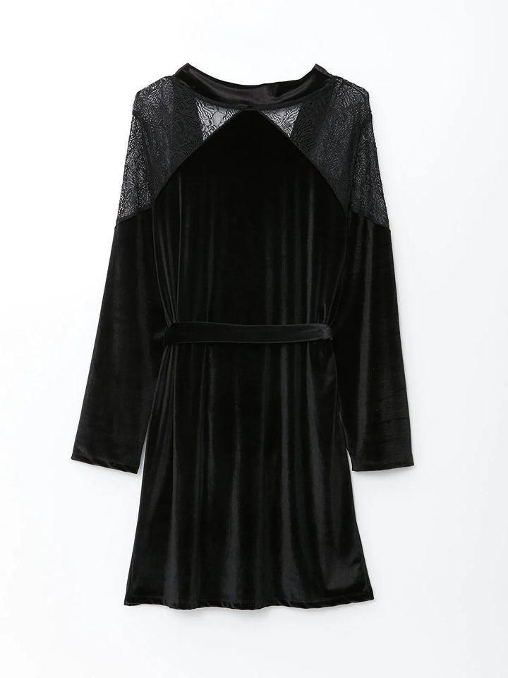 Shawl Collar Lace Detailed Long Sleeve Velvet Women Dressing Gown