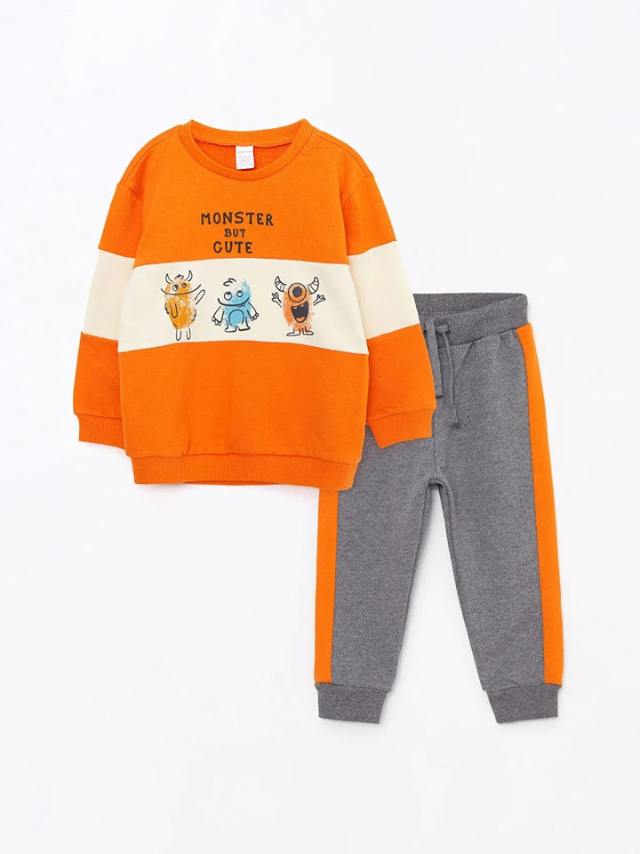 Crew Neck Long Sleeve Printed Baby Boy Sweatshirt And Pants 2-Pack Set